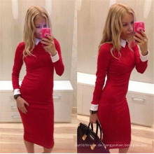 Red Long Sleeve Slim Tight Damen Büro Kleid